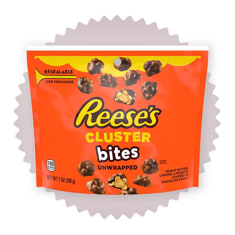 bag of reeses cluster bites peanut butter, caramel, and peanuts candy