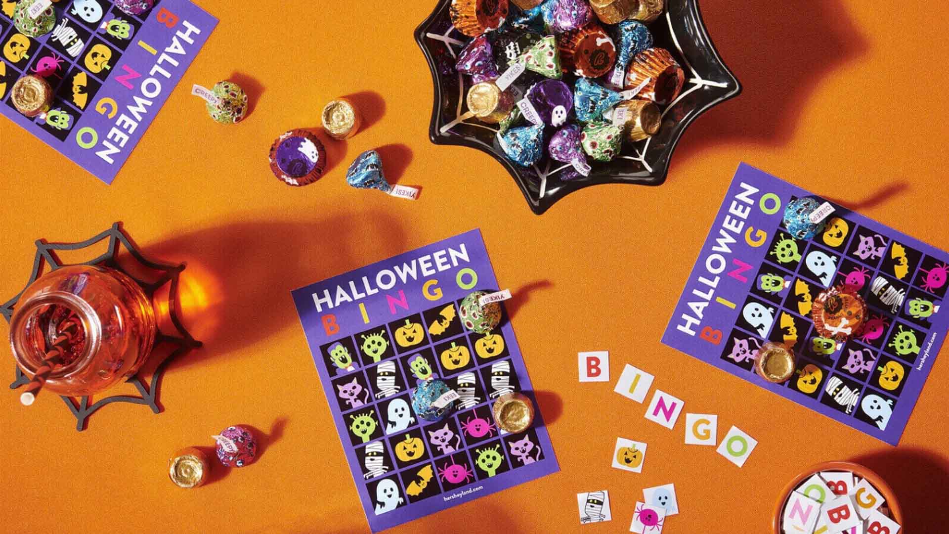 halloween bingo cards using hersheys chocolate candies as covers