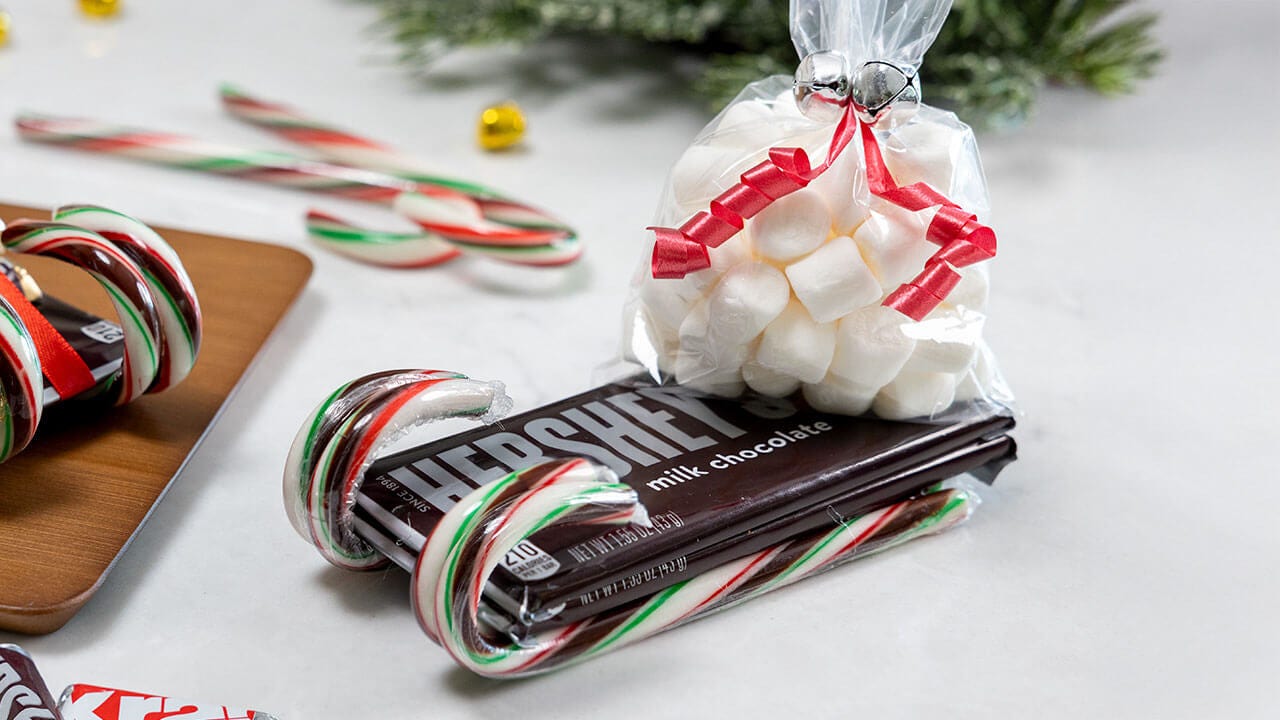 candy sleigh made of hersheys assorted chocolate candies and bag of marshmallows