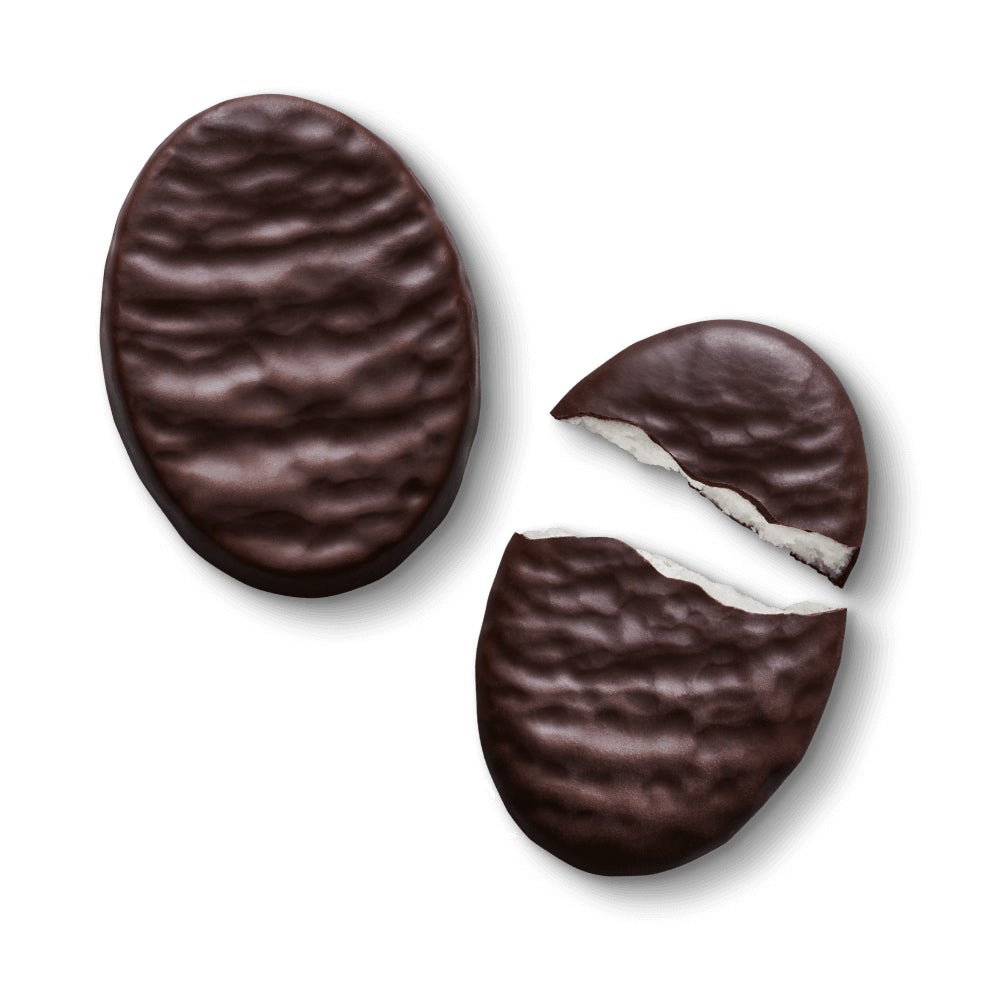 pair of unwrapped york dark chocolate peppermint pattie eggs