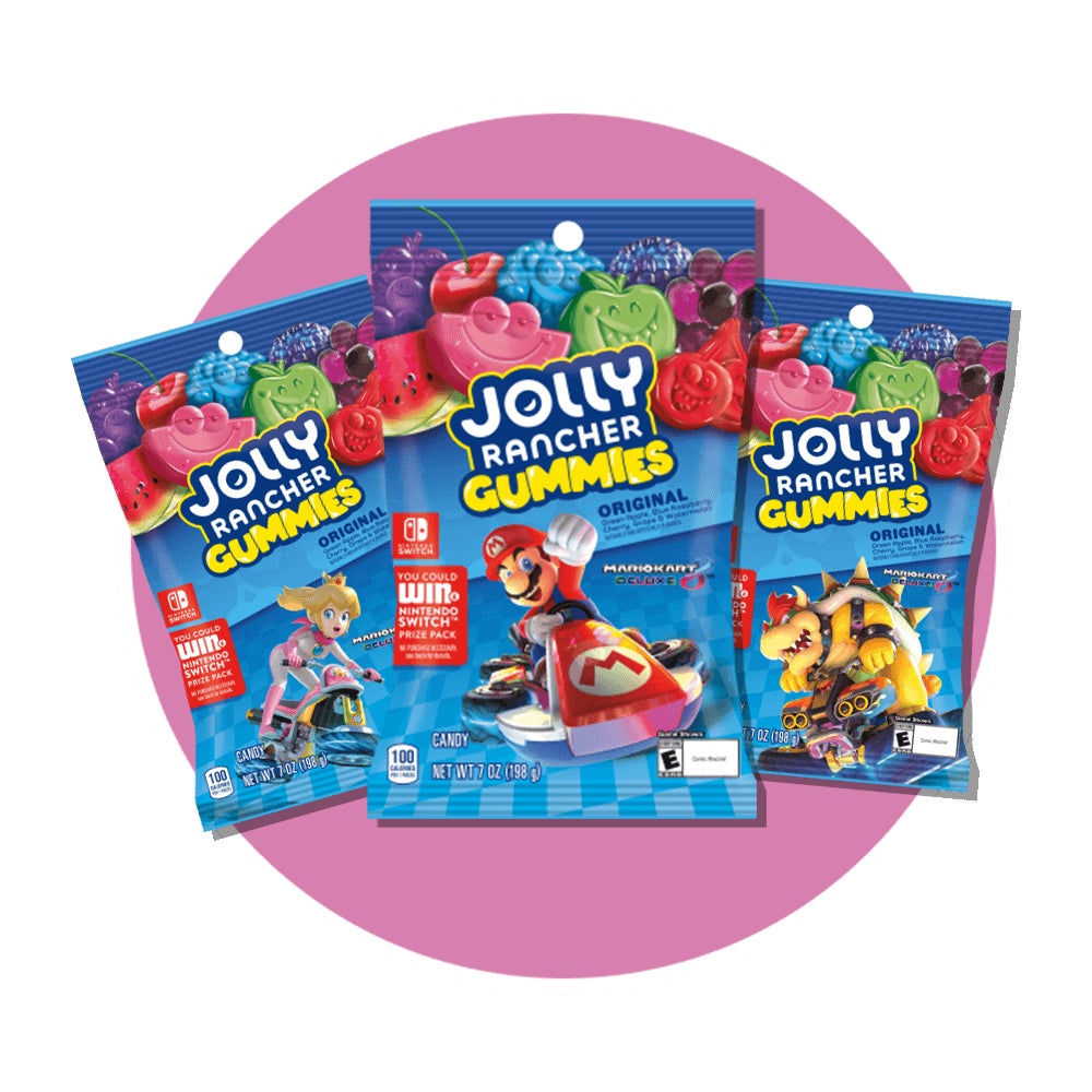 promotional graphic featuring bags of mario kart 8 deluxe and jolly rancher gummies