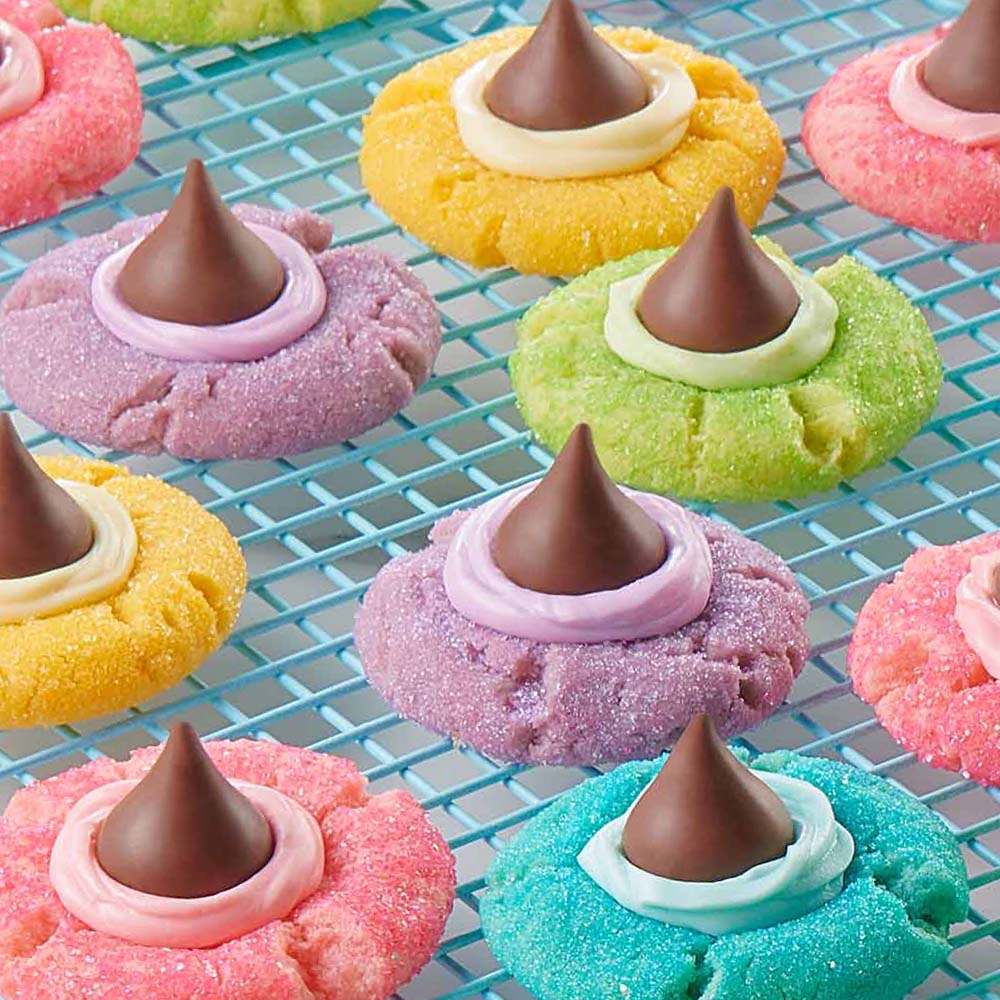 cooling rack with freshly baked springtime blossom cookies