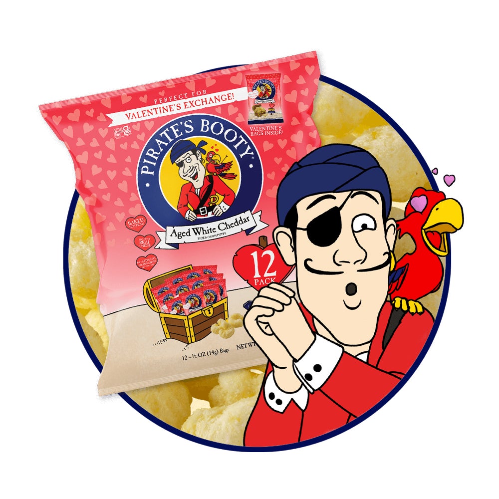 pirates booty aged white cheddar valentines exchange bags next to mascots