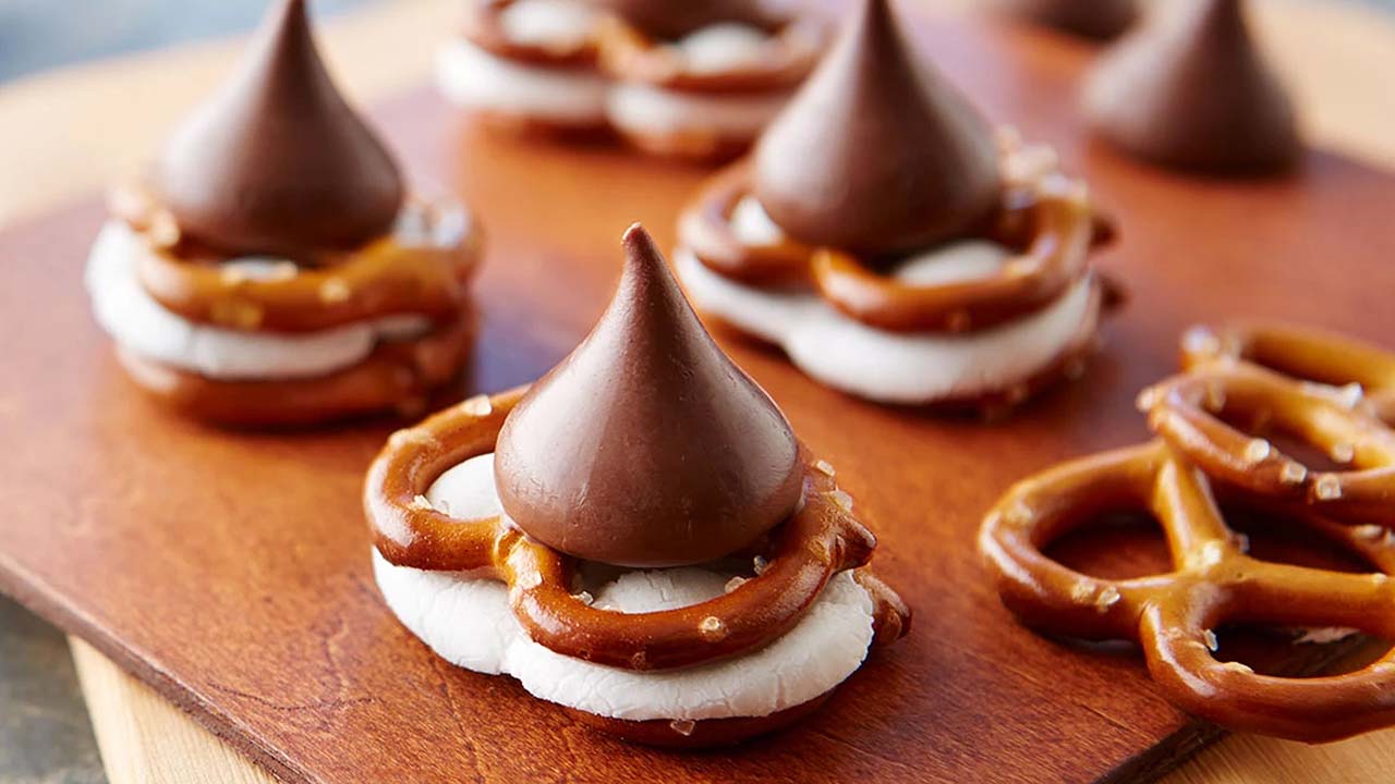 tray of hersheys kisses candy pretzel smores