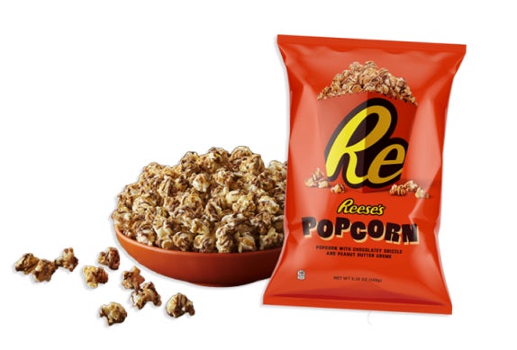 bag of reeses popcorn poured into large bowl