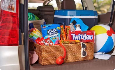 back of SUV with basket of candy