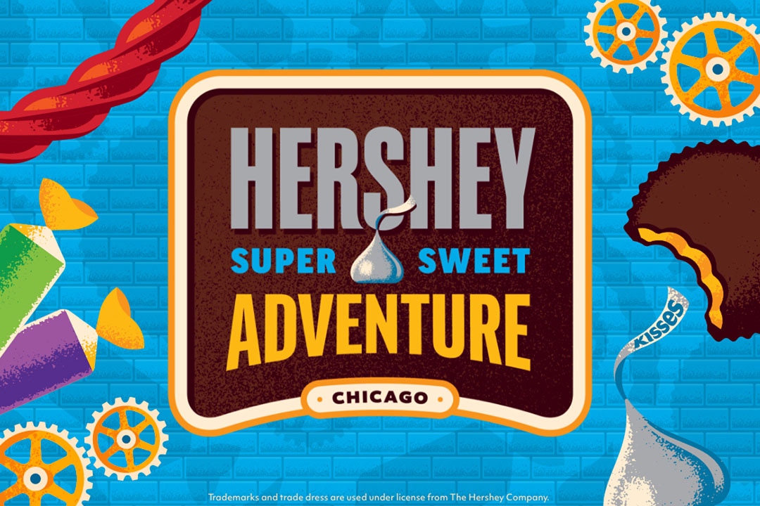 promotional graphic for hersheys super sweet adventure experience in chicago illinois