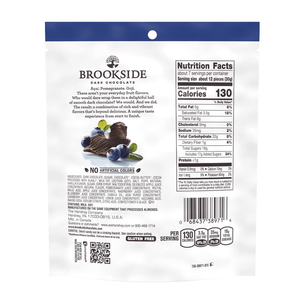 BROOKSIDE Dark Chocolate Açai and Blueberry Candy, 7 oz bag - Back of Package