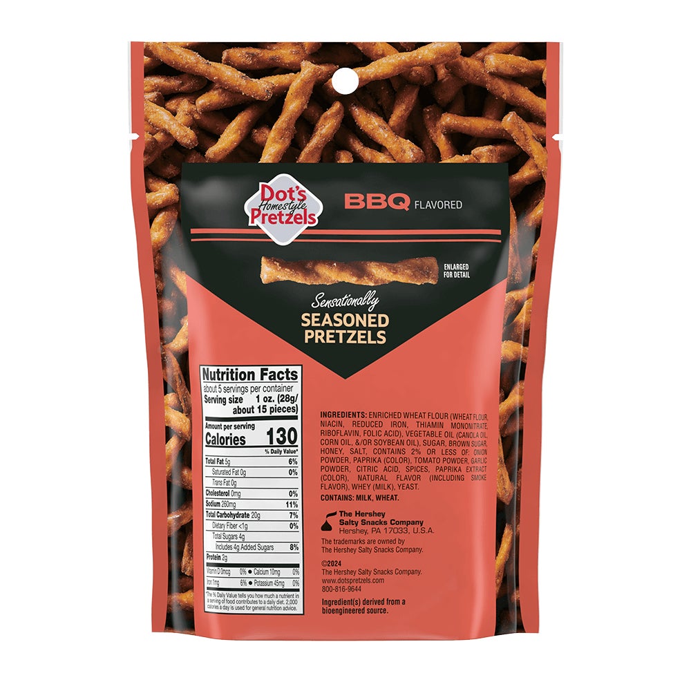 DOT'S HOMESTYLE PRETZELS BBQ Seasoned Pretzel Twists, 5 oz bag - Back of Package