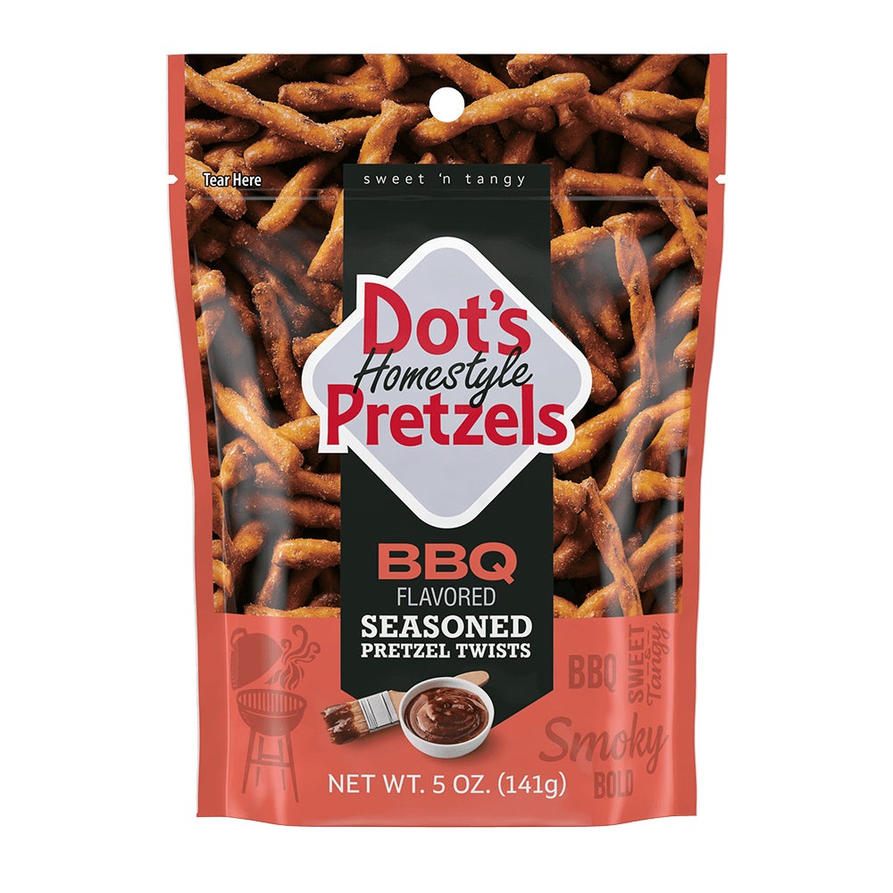 DOT'S HOMESTYLE PRETZELS BBQ Seasoned Pretzel Twists, 5 oz bag - Front of Package