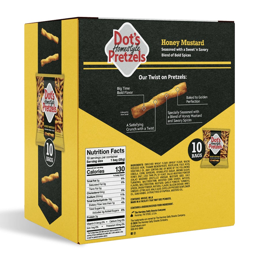 DOT'S HOMESTYLE PRETZELS Honey Mustard Seasoned Pretzel Twists, 1 oz bag, 10 count box - Back of Package