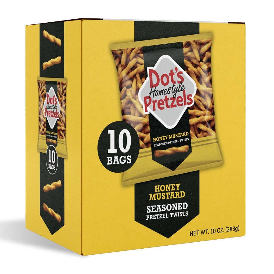 DOT'S HOMESTYLE PRETZELS Honey Mustard Seasoned Pretzel Twists, 1 oz bag, 10 count box - Front of Package