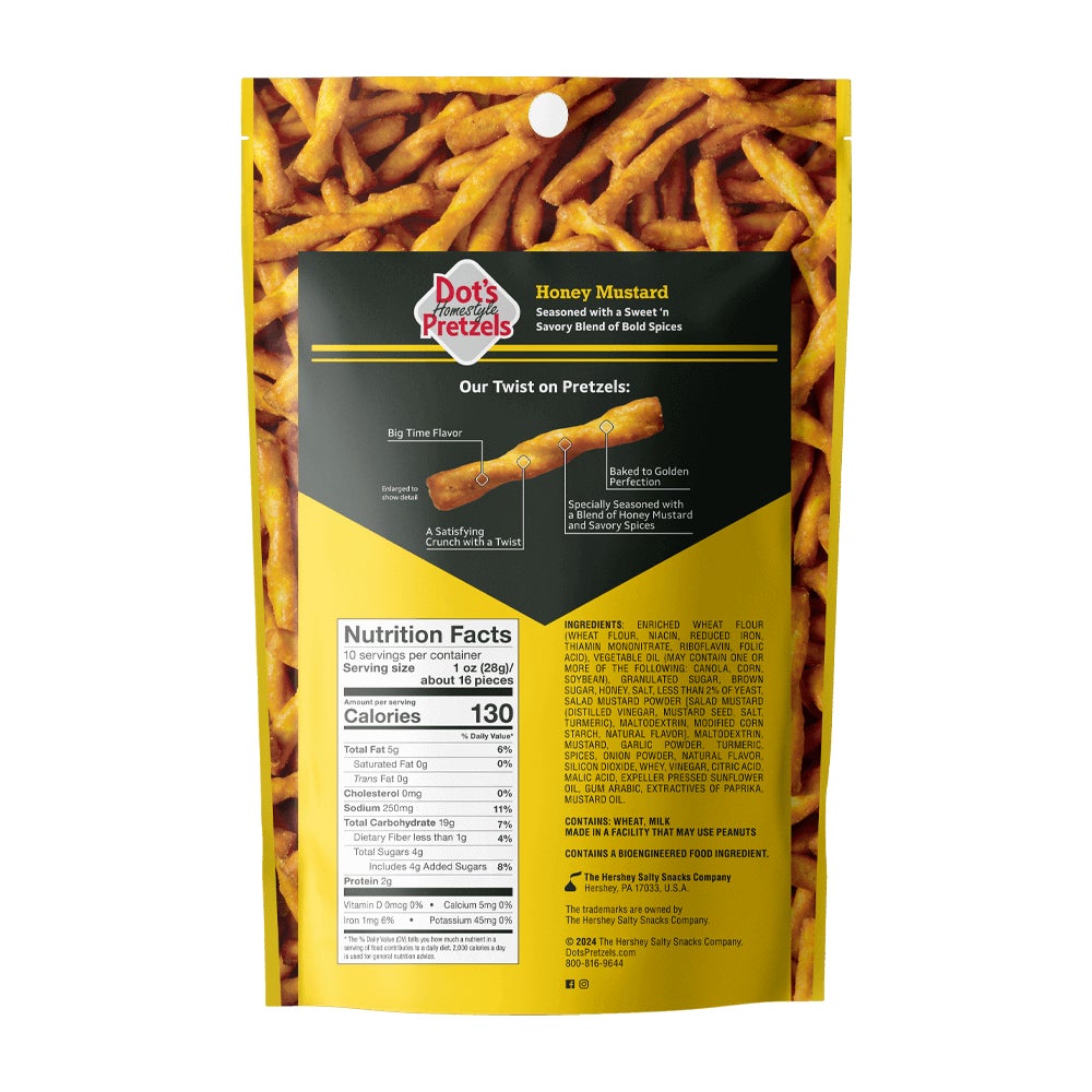 DOT'S HOMESTYLE PRETZELS Honey Mustard Seasoned Pretzel Twists, 9.5 oz bag - Back of Package