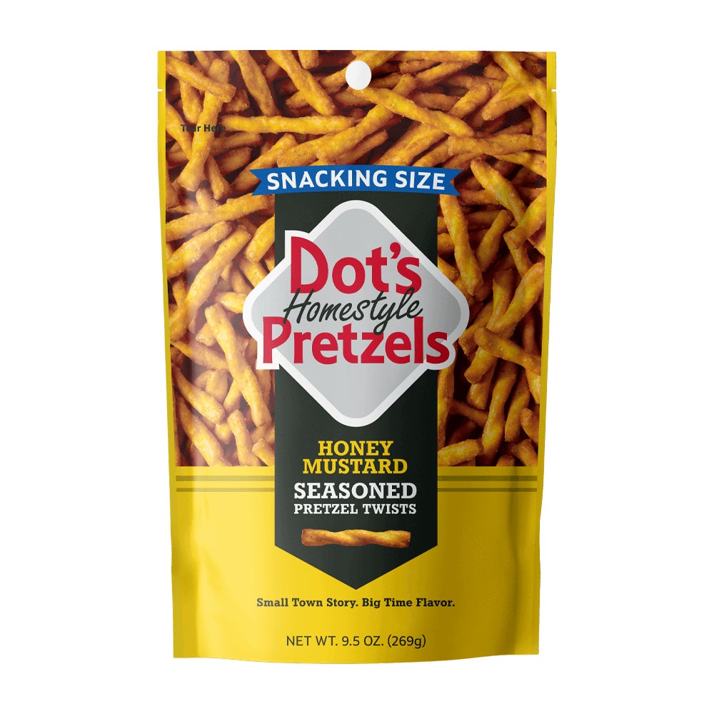 DOT'S HOMESTYLE PRETZELS Honey Mustard Seasoned Pretzel Twists, 9.5 oz bag - Front of Package