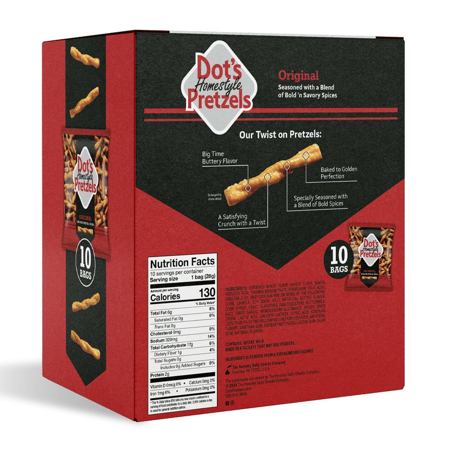 DOT'S HOMESTYLE PRETZELS Original Seasoned Pretzel Twists, 1 oz bag, 10 count box - Back of Package