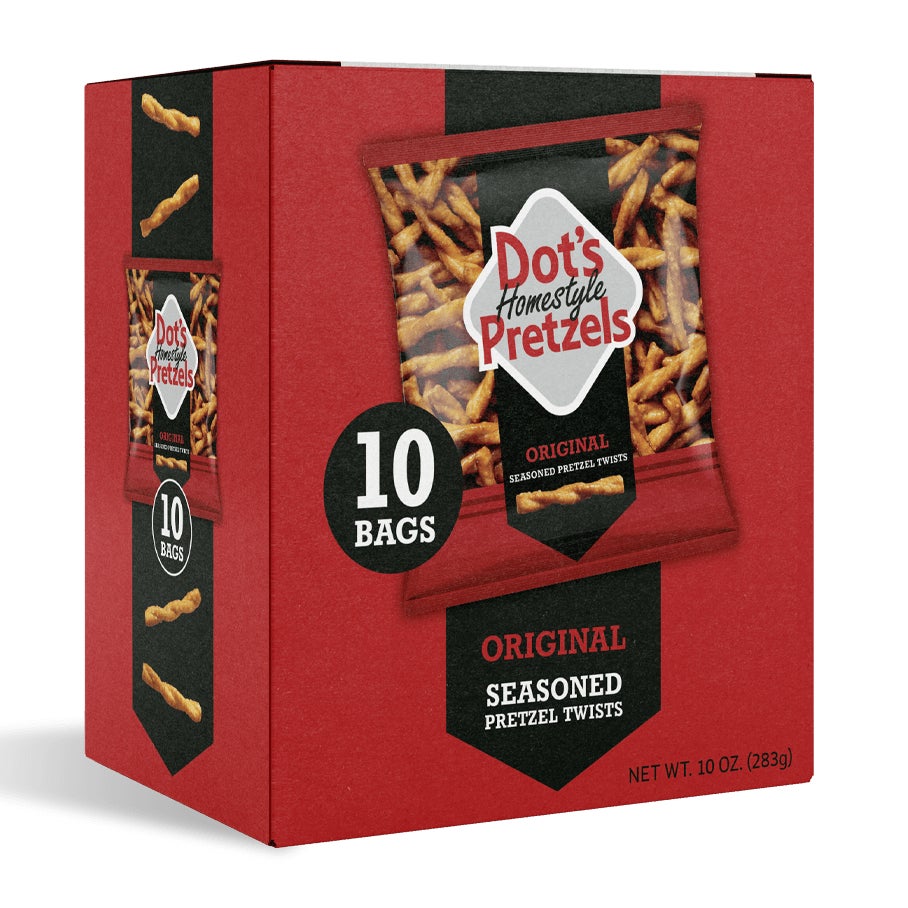 DOT'S HOMESTYLE PRETZELS Original Seasoned Pretzel Twists, 1 oz bag, 10 count box - Front of Package