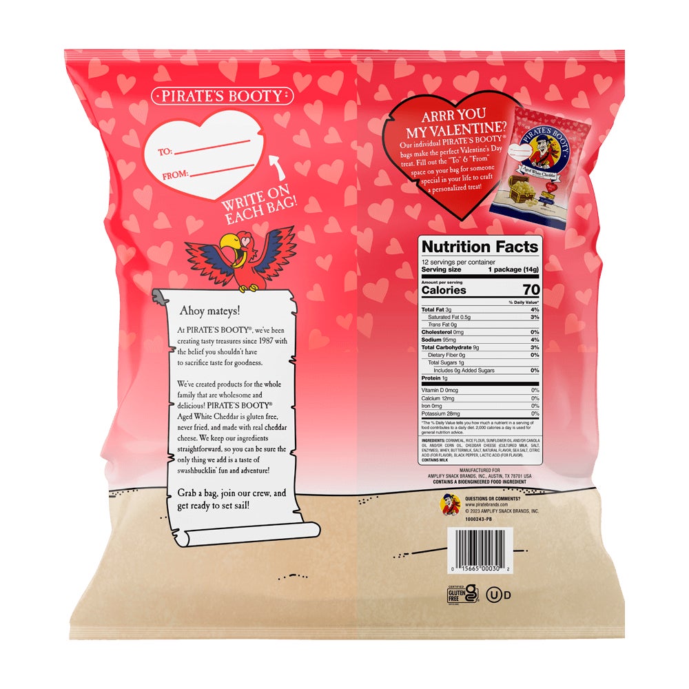 PIRATE'S BOOTY Valentine's Exchange Aged White Cheddar Rice & Corn Puffs, 0.5 oz bag, 12 pack - Back of Package