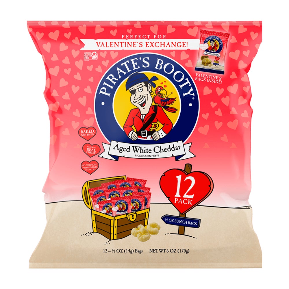 PIRATE'S BOOTY Valentine's Exchange Aged White Cheddar Rice & Corn Puffs, 0.5 oz bag, 12 pack - Front of Package