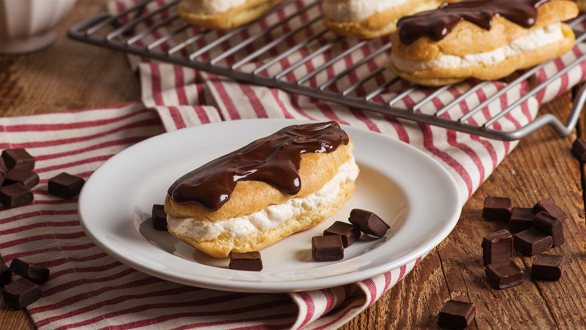 Espresso cream eclairs with chocolate topping