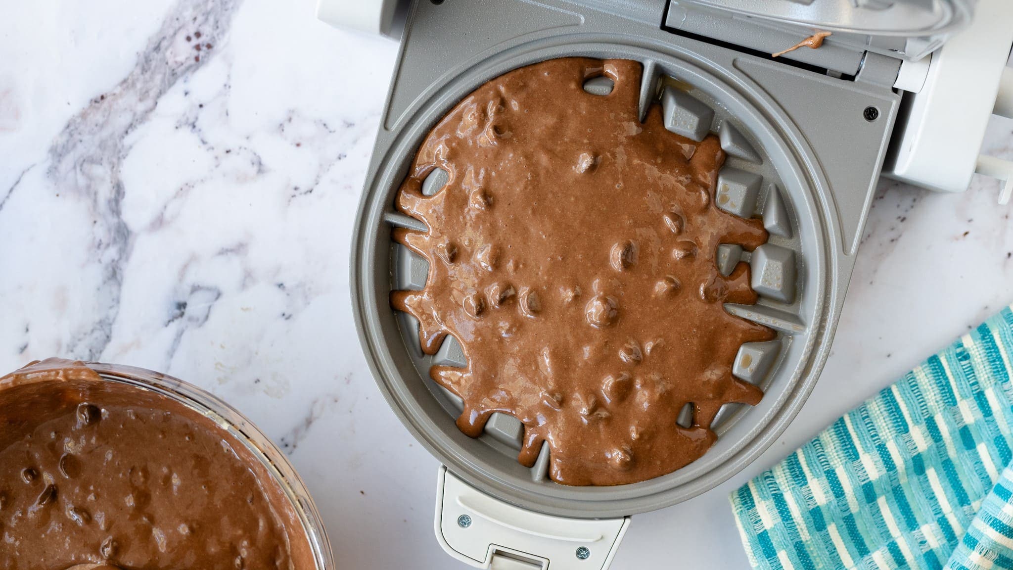 batter poured into waffle iron