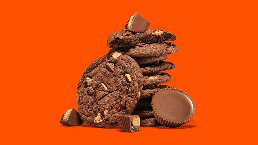 stack of reeses chocolate lava cookies