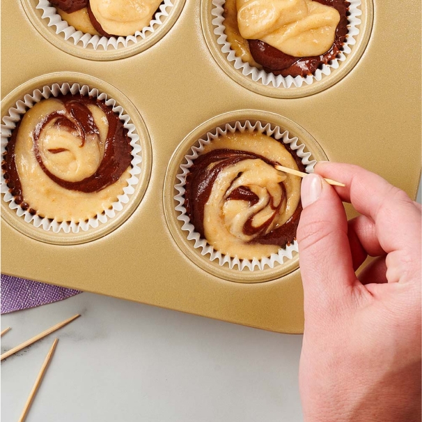 tray of chocolate swirl muffins