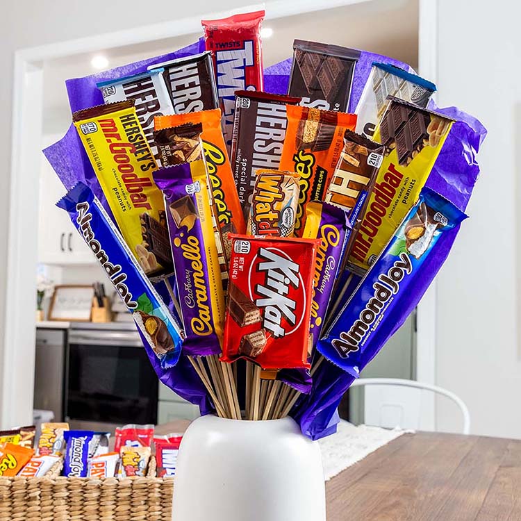 candy bouquet made with an assortment of hersheys candy bars