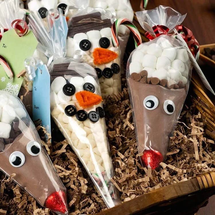 holiday themed snowman and reindeer hot chocolate bags