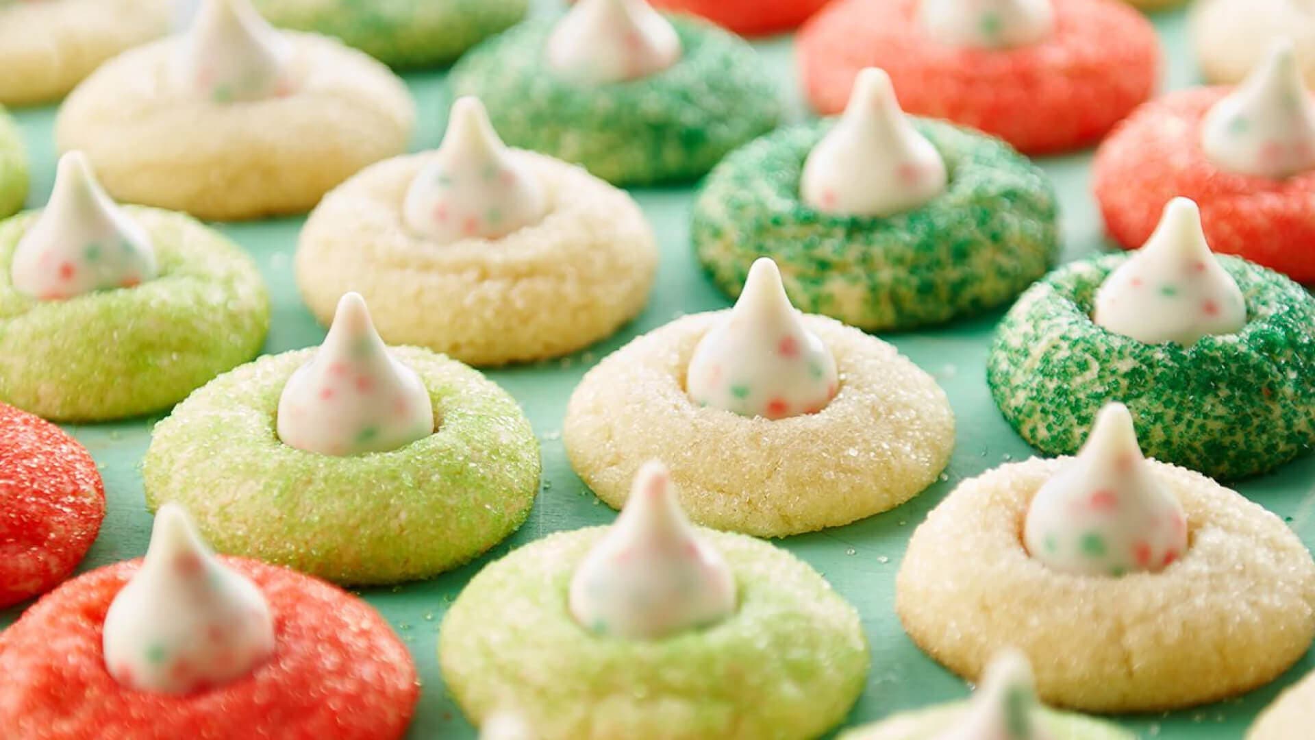 tray of holiday themed sugar cookie blossoms