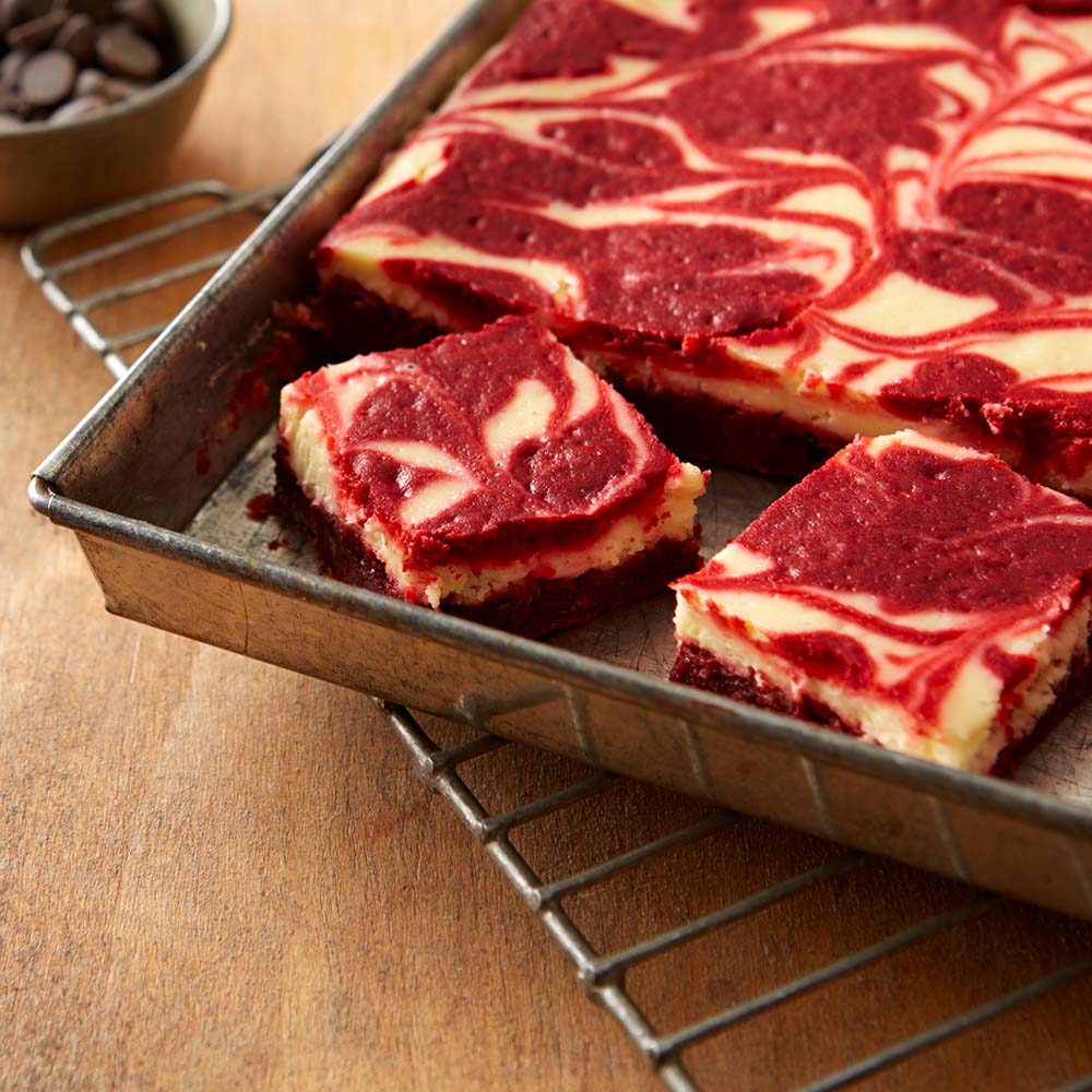 red velvet bars in a brownie pan